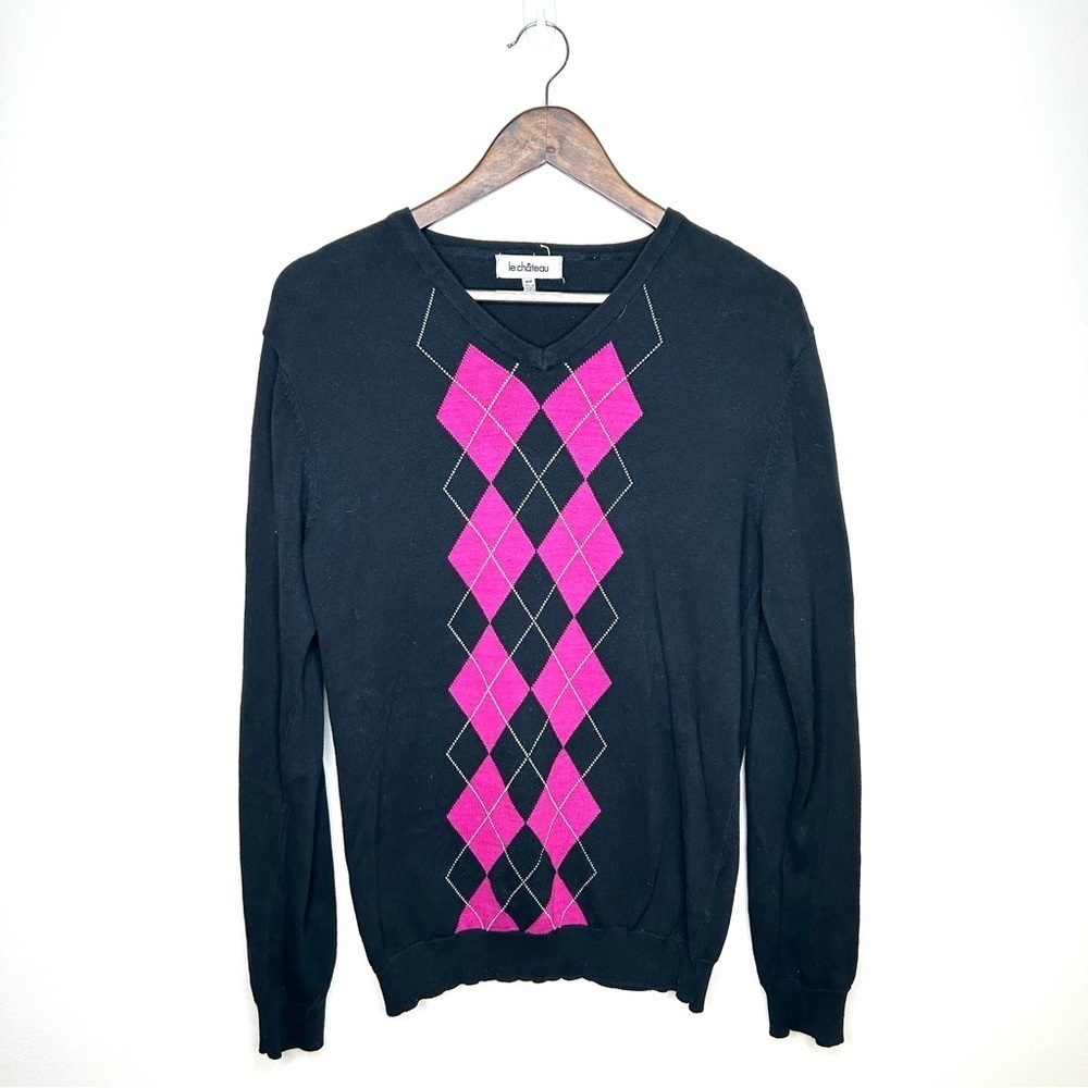 Le Chateau V Neck 100% Cotton Sweater Black  with Pink Argyle Small